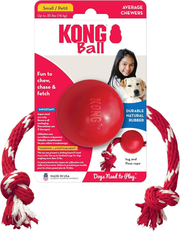 KONG Ball with Rope - Durable Fetch Toy with Rope for Easy Throwing - for Tug, Playtime & More - Natural Rubber - Red - for Small Dogs2