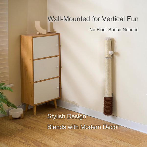 Wall Mounted Cat Scratcher, 34” Extra-Tall Vertical Sisal Scratching Post for Large Cats, Space-Saving Wall Cat Scratcher with Self Grooming Brush & Hanging Ball, Beige6