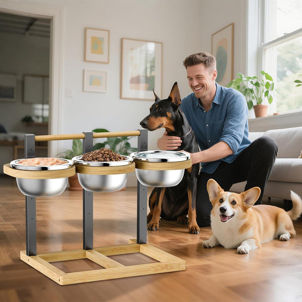 Elevated Dog Bowl,Bamboo Raised Dog Bowl,5-Height | Adjustable Dogs Food Bowls Stand,Dog Feeding Station with 3 Food and Water Bowls for Medium,Large Dogs6