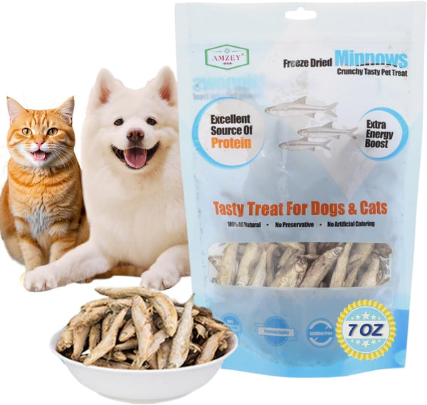 Amzey 7Oz Minnows Dog Treats - Freeze Dried Minnows Cat Treats - High Protein & Premium Quality Training Treats - Bulk Package (1.6" to 2.8" Length Each)7