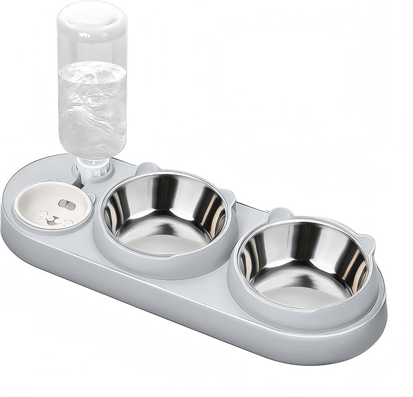 Marchul 3 in 1 Cat Bowl, Cat Food and Water Bowl Set with Water Dispenser and Stainless Steel Bowls, 15° Tilted Pet Raised Three Bowls for Indoor Cats, Small or Medium Sized Dogs1