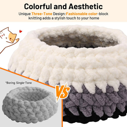 Handwoven Soft Cat Cave Bed, Indoor Cat Beds with Washable round Nest | Kitten House & Cat Furniture, White & Gray4
