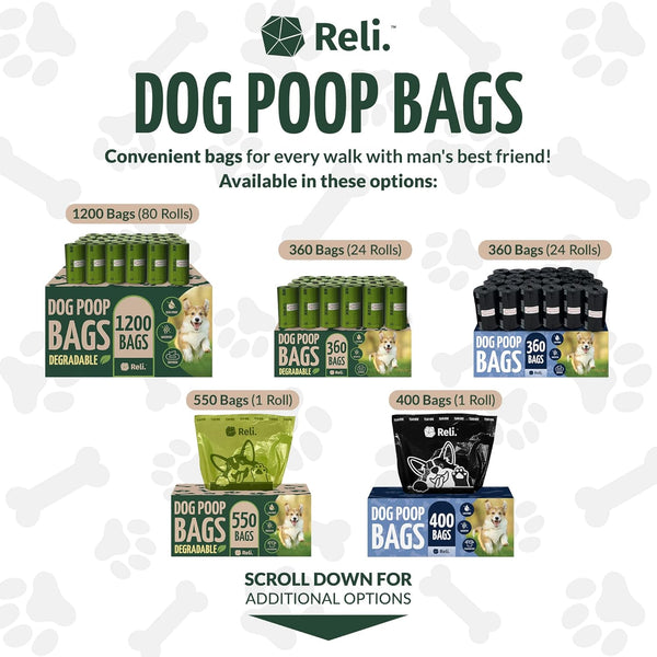 Reli. Biodegradable Dog Poop Bags W/Holder (1200 Count - 80 Rolls Bulk) | Leash Clip Dispenser | 9X13" Large Dog Bags for Poop | Green Eco-Friendly Oxobiodegradable Waste Disposal Refills (Unscented)7