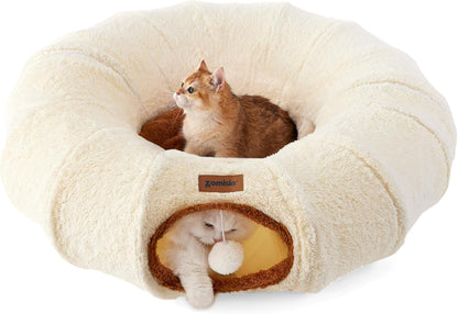 ZOMISIA Cat Tunnel Bed for Indoor Cats, Cute Cat Donut Toy Tunnel for Small Large Cats, Peekaboo Pet Cave Play Tunnel Toys for Kitten/Rabbit,Beige1