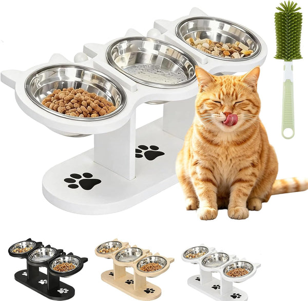 2026 New Anti-Slip Elevated 3-Bowl Pet Feeder, Cat Bowls with Stand Tilted, Stainlesssteel Cat Feeding Station, Ergonomic Elevated Cats Bowls with Wooden Base, Pet Feeding Station for Food & Water (E)12