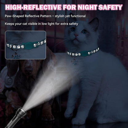 4PCS Breakaway Cat Collars,Reflective Cat Collar with Bells,Kitten Collars for Boy&Girl Cats Breakaway Collar for Cats with Paw Pendant 6-9 Inch(Purple+Hotpink+Red+Teal)2