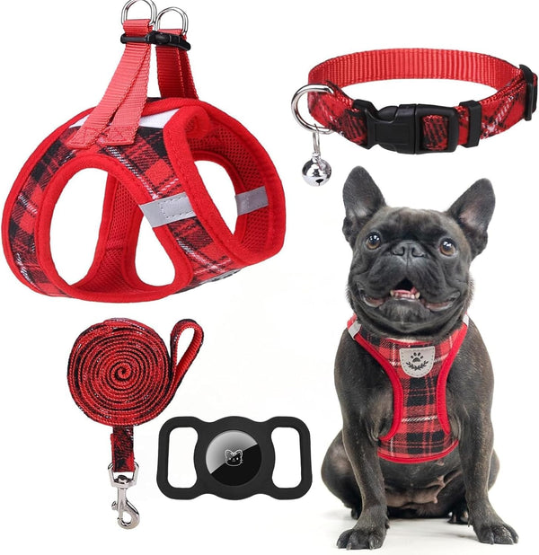EXPAWLORER Plaid Small Dog Harness and Leash Set with Airtag Holder - No Pull Soft Padded Step in Dog Vest Harness Medium Sized Dog, Reflective Puppy Harness, Collar and Leash for Walking, Khaki S33