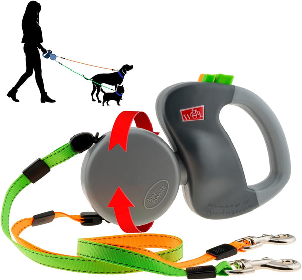WIGZI (2) Two Dog Reflective Retractable Pet Leash – 360 Degree Zero Tangle Patent - Two Dogs Each up to 50 Lbs and 10Ft. Reflective Orange and Green Leads. Dual Locking1