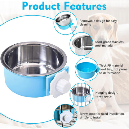 Kathson Crate Dog Bowl, Removable Stainless Steel Hanging Pet Kennel Cage Bowl Food & Water Feeder Coop Cup for Puppy, Cat, Rabbit, Guinea Pigs Ferret Bird (2 PCS, Size: M, Blue and Green)6