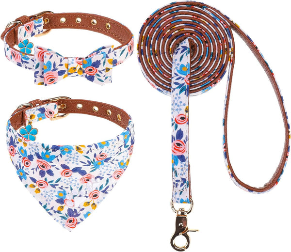 EXPAWLORER Puppy Collar and Leash Set - Embroidery Pawprints Plaid Dog Collar and Dog Leash Set, Bow Tie and Bandana Dog Collar with Bell, Cute Collar and Leash for Dogs Cats Outdoor Walking, Blue S10