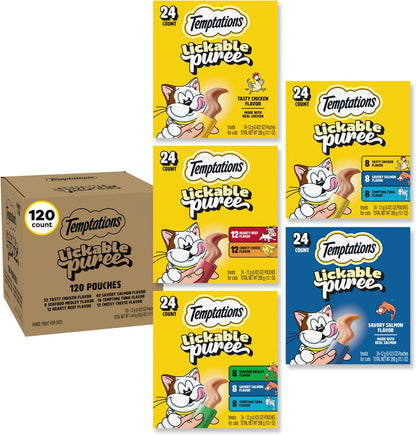 Temptations Creamy Puree Cat Treats, Beef, Chicken, Salmon & Tuna, 48 Count | Beef, Salmon, Chicken & Tuna, under 15 Cal/Tube, No Added Sugar or Fillers, Senior-Friendly, Meal Topper or Hand-Feed16