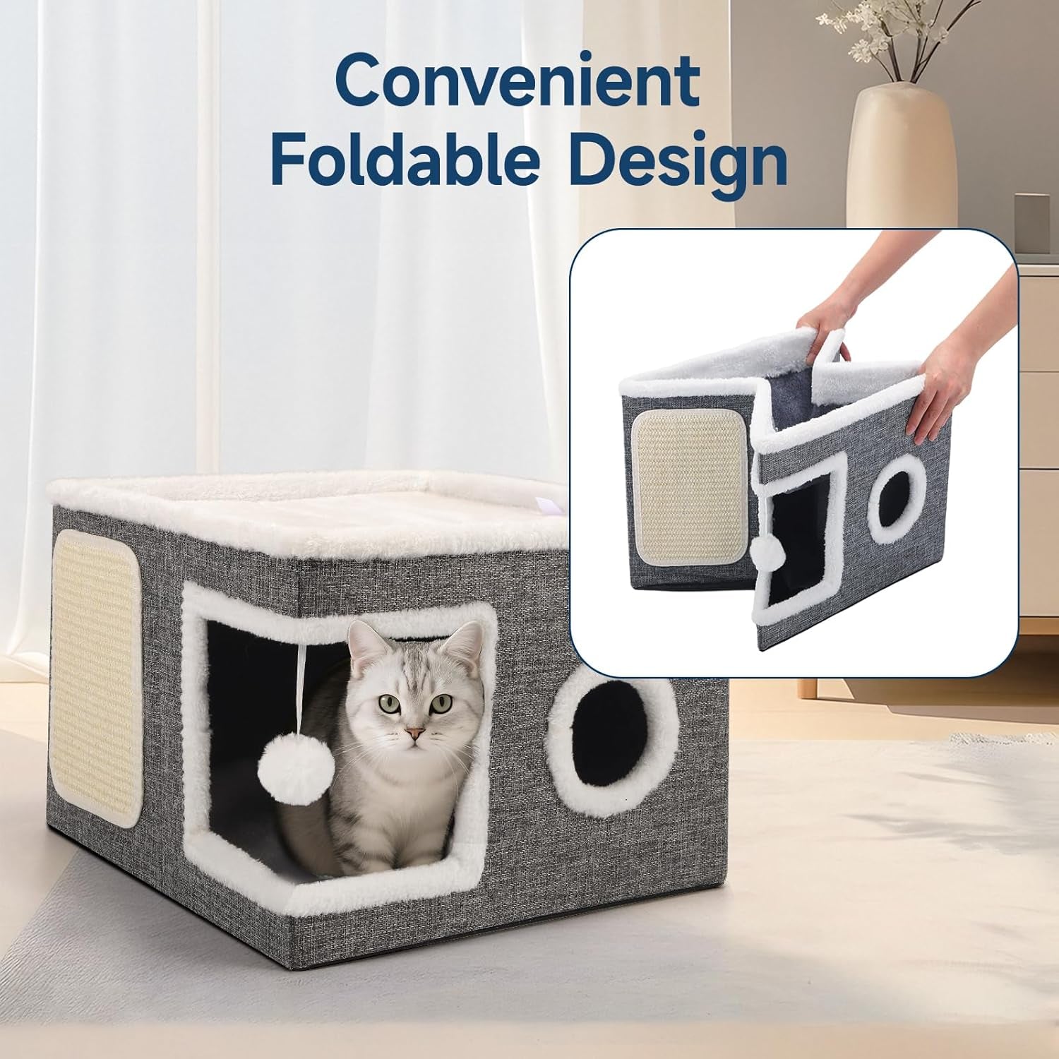 shikha-cat-house-bed-for-indoor-cats-with-fluffy-ball-and-scratch-pad-grey-foldable-large-cat-cave-hideaway-with-cozy-condo-hide-and-seek-window-holds-up-to-30lbs-all-season-reversible-cushion