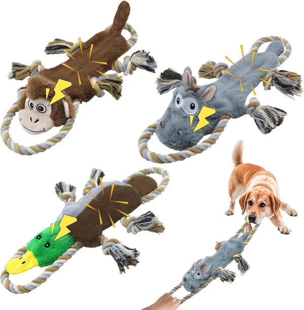 3 Pack No Stuffing Squeaky Dog Toys, Tug of War Dog Toy with Rope | Interactive, Squeaker & Crinkle Paper, Durable for Teeth Cleaning, Anxiety Relief, Dog Gifts for Small, Medium Dog1