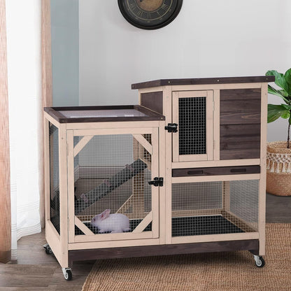 GUTINNEEN Wooden Duplex Rabbit Cage on Wheels with Chew-Proof Ramp, Grey | 4 Mobile Swivel Casters, 2-Story Design, Waterproof Rain Cover, 5 Access Doors, 2 Sliding Trays11