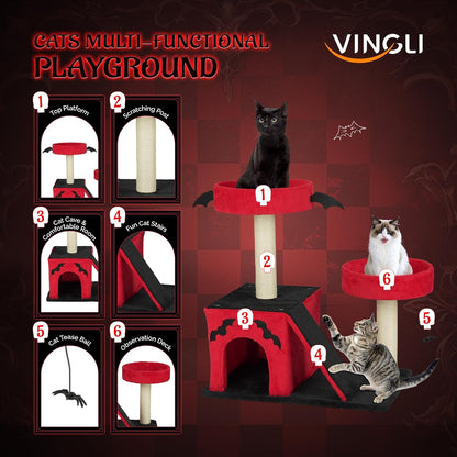 VINGLI 27.6In Gothic Cat Tree with Spacious Cat Condo & 2 Padded Perches, Red & Black Cat Tower with Scratching Ladder, Sisal Posts & Spider Toy for Large Cats4