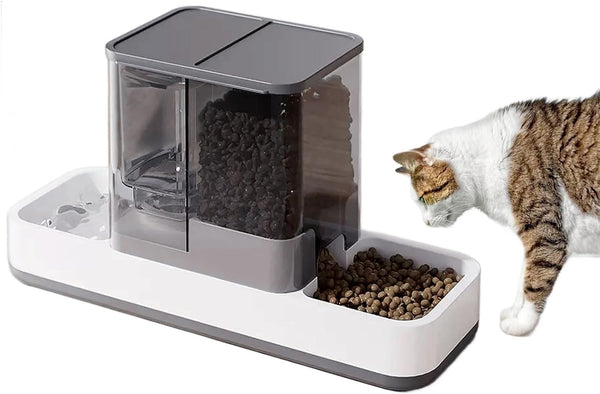 Kathson Gravity Cat Food and Water Dispenser Automatic Dog Feeder Waterer 2 in 1 Auto Pet Food and Water Bowl Set Self Feeding for Puppy Kitten，Grey1