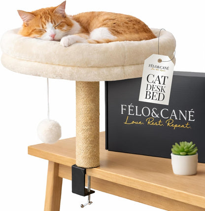 FÉLO&CANÉ Desk Cat Bed with Scratching Post & Toy Ball – Space-Saving Clamp-On Cat Hammock for Desk, Elevated Cat Perch for Work-From-Home, Sturdy Metal Frame, Soft Plush Cushion (Up to 11 Lbs)1