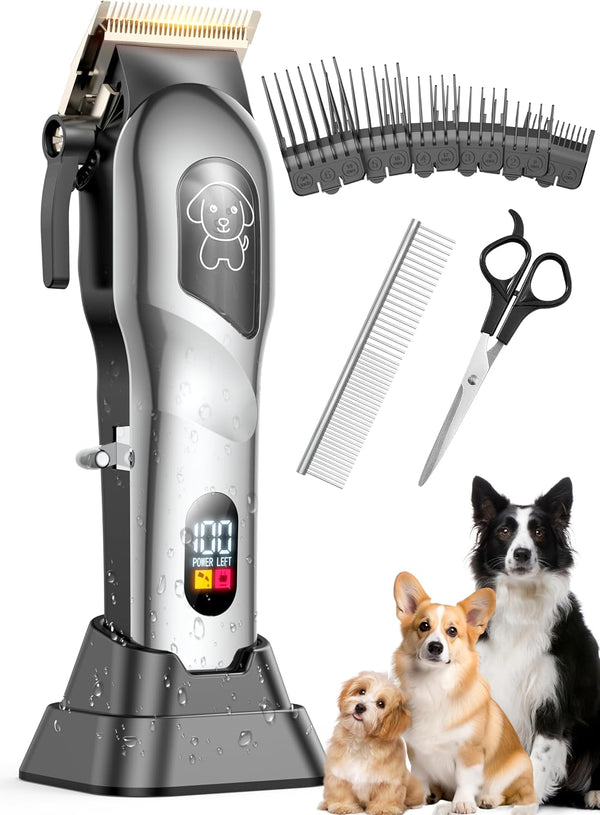 Dog Clippers for Grooming, Dog Grooming Kit for Heavy Thick Hair, Low Noise Cordless Pet Hair Trimmer with Stainless Steel Blade, Professional Rechargeable Hair Trimmer for Dogs and Cats Sliver1