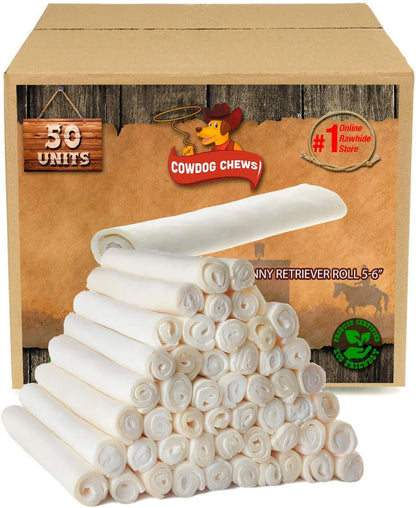 Cowdog Chews 5-6 Inches Rawhide Retriever Roll - Chewing Dog Treat, 100% Natural - Natural Grass Fed Livestock Sourced (50 Pack)1