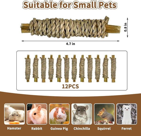 Fhiny 12 PCS Rabbit Chew Sticks, Natural Papaya Wood Seagrass Guinea Pig Chew Toys for Teeth Small Animal Molar Sticks Snacks for Bunny Guinea Pig Chinchilla Ferret Hamster Gerbil Dental Care3