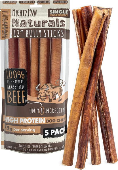 Mighty Paw 12" Bully Sticks for Dogs - Large, Medium and Small Breeds Chew | Single Ingredient, Grass-Fed, Lower Odor, 5 Pack, High Protein, Boredom Buster, All-Natural Sticks10