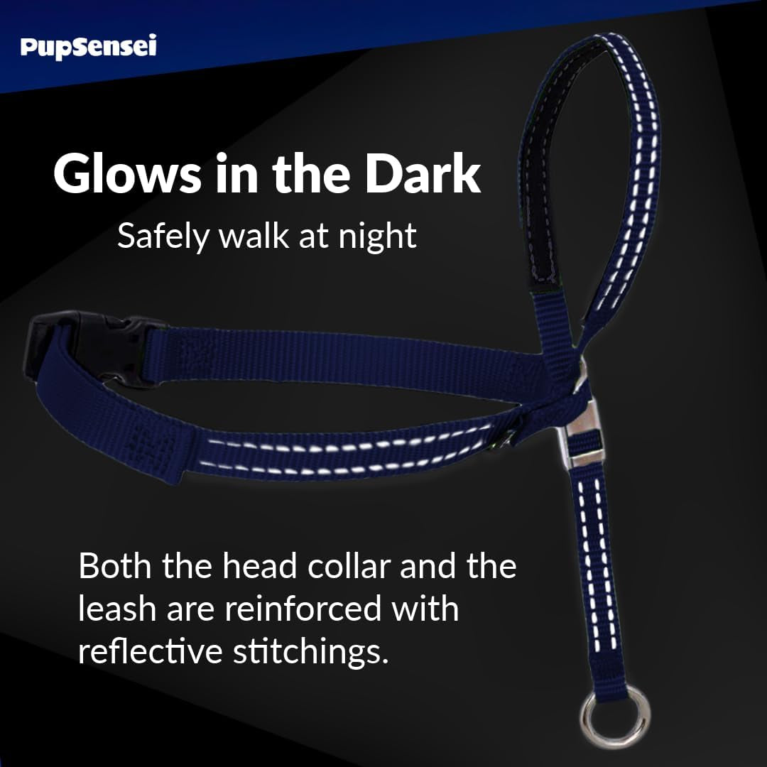 headcollar-for-dogs-extra-soft-padded-reflective-no-pull-dog-collar-gentle-leader-for-dogs-with-durable-nylon-leash-padded-handle-navy-blue-large
