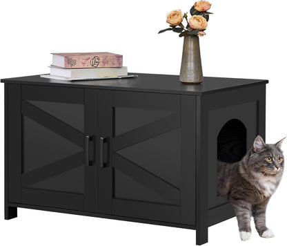 Homhedy 39.4" L Cat Litter Box Enclosure with Barn Door, Black | Wooden Cat Washroom Furniture, Cat House, Pet Storage Cabinet, Dog-Proof, Fit Most of Litter Box, Farmhouse Style16