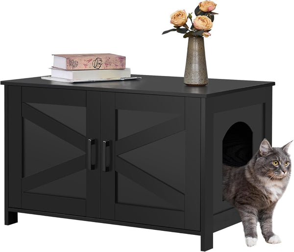 Homhedy 39.4" L Cat Litter Box Enclosure with Barn Door, Black | Wooden Cat Washroom Furniture, Cat House, Pet Storage Cabinet, Dog-Proof, Fit Most of Litter Box, Farmhouse Style16