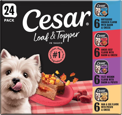 Cesar Loaf & Topper Wet Dog Food, Variety Pack, 3.5 Oz, 24 Count | Real Meat #1 Ingredient, No Fillers or Artificial Flavors, Easy-To-Digest, Slow-Cooked Tender Texture, Easy Peel Trays1