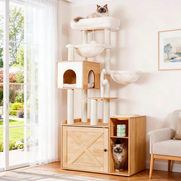 Hey-Brother Cat Tree Tower, Food Station, XL Litter Box Enclosure, MPJ101SG | 48.81 Inches Wooden All-In-One Cat Furniture, Large Hammock, Bed, Scratching Posts, Big Basket for Indoor Cats, Rustic Gray11