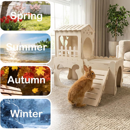 Extra Large Rabbit Castle, Wooden Bunny House &,Detachable Rabbit Hideaway, Indoor Hamster Castle with Ramp, Small Animal Houses & Habitats for Guinea Pig Chinchilla Ferret(3 House)6