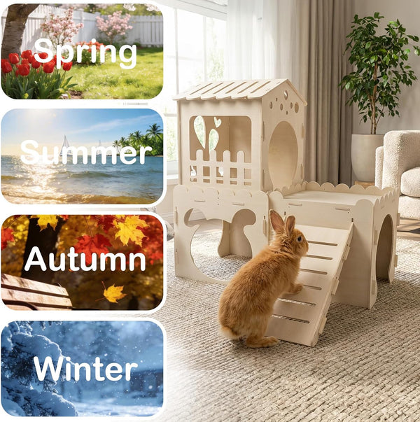 Extra Large Rabbit Castle, Wooden Bunny House &,Detachable Rabbit Hideaway, Indoor Hamster Castle with Ramp, Small Animal Houses & Habitats for Guinea Pig Chinchilla Ferret(3 House)6