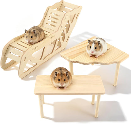 3 Pack Wooden Hamster Play Platform, 3-In-1 Natural Small Pet Playground with Tunnel, Ladder & Hidden Rest Area, Wooden Support Column Cage Accessories for Hamsters, Squirrels & Tiny Pets8