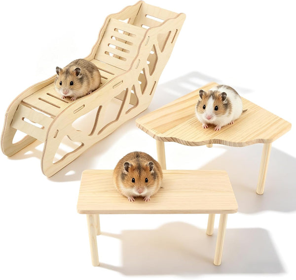 3 Pack Wooden Hamster Play Platform, 3-In-1 Natural Small Pet Playground with Tunnel, Ladder & Hidden Rest Area, Wooden Support Column Cage Accessories for Hamsters, Squirrels & Tiny Pets8
