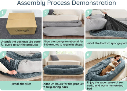 Chixnuggle Orthopedic Human Dog Bed,With Faux Fur Washable Cover,Blanket | Bluish Grey,72*40*10,Giant Dog Bed for Adult or Extra Large Dogs,Egg Crate Foam,Non-Slip Bottom7