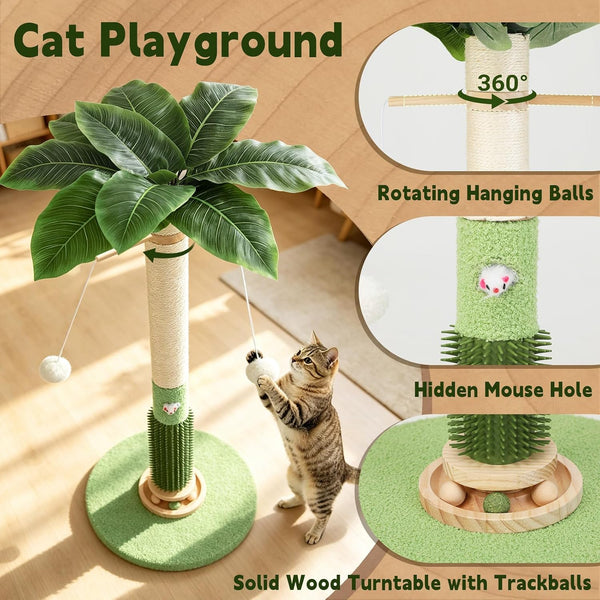 Cat Scratching Post,37.5'' Tall Palm Tree Sisal Scratcher for Indoor Cats | Natural Sisal Stable Vertical Scratcher Tower Mouse Hole Toy Rotating Interactive Ball Self Groomer for Full Body Stretching3