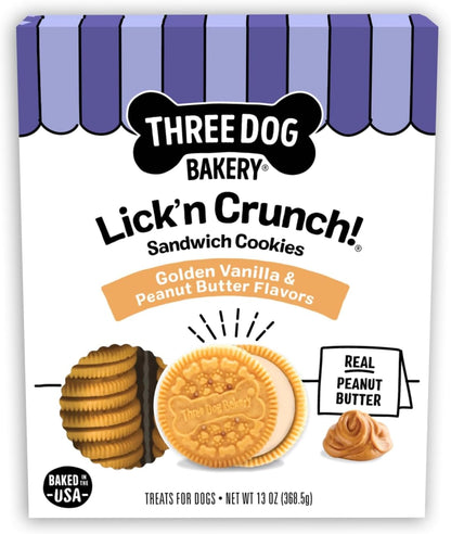 Three Dog Bakery Lick'N Crunch! Dog Treats - 13 Oz | Golden Vanilla & Peanut Butter Sandwich Cookies - Crunchy Treats with Peanut Butter Creme1