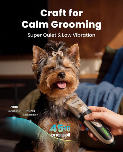Oneisall Dog Grooming Clippers with LED Display for Dogs & Cats | Low Noise Quiet,2-Speed,Cordless Rechargeable,Fast Charge,Detachable,Waterproof,Battery Level Display, Model X2,Gold2
