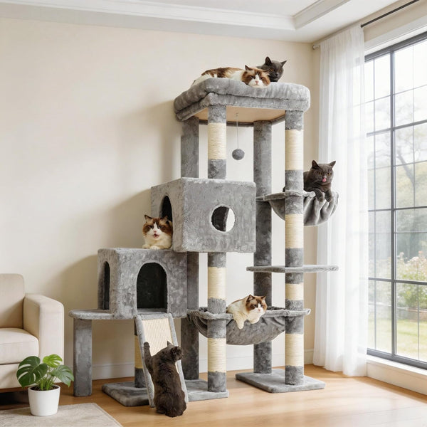 Hey-Brother Cat Tree Tower with 3 Condos, Step Climbing Pathway MPJ081G | 74.8 Inches Scratching Post with 3 House, Hammock, Large Basket, Cozy Bed, Sisal Board, Toys for Big Indoor Cats, Smoky Gray16