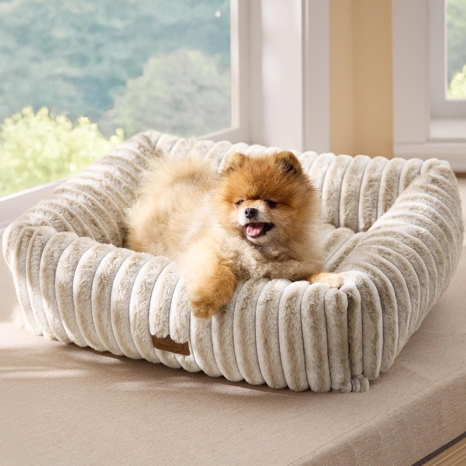 bedsure-comfyfleece™-cute-dog-bed-for-small-medium-dogs-washable-25in-cream-furry-puppy-beds-square-rectangle-orthopedic-corduroy-aesthetic-pet-beds-removable-zipper-cover-non-slip-bottom-up-to-15-lbs