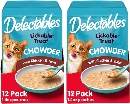 Delectables Lickable Treat Chowder Wet Cat Treat with Real Tuna & Chicken, Food Topper, Hydrating, Grain-Free, No Fillers, By-Products, Added Preservatives, 1.4Oz Pouch, 12Ct11