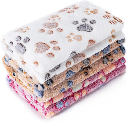 1 Pack 3 Blankets Super Soft Fluffy Premium Fleece Pet Blanket Flannel Paw Printed Throw for Dog Puppy Cat (Small 23X16'', Brown, Pink, White)1