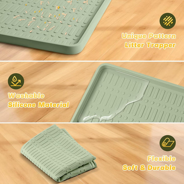 47" X 35" Silicone Cat Food Mat, Waterproof Pet Feeding Mat with Raised Edge, Extra Large Cat Bowl Mat Water Bowl Placemats for Cats, Non-Slip, Protects Floors, Easy to Clean (Light Green)3