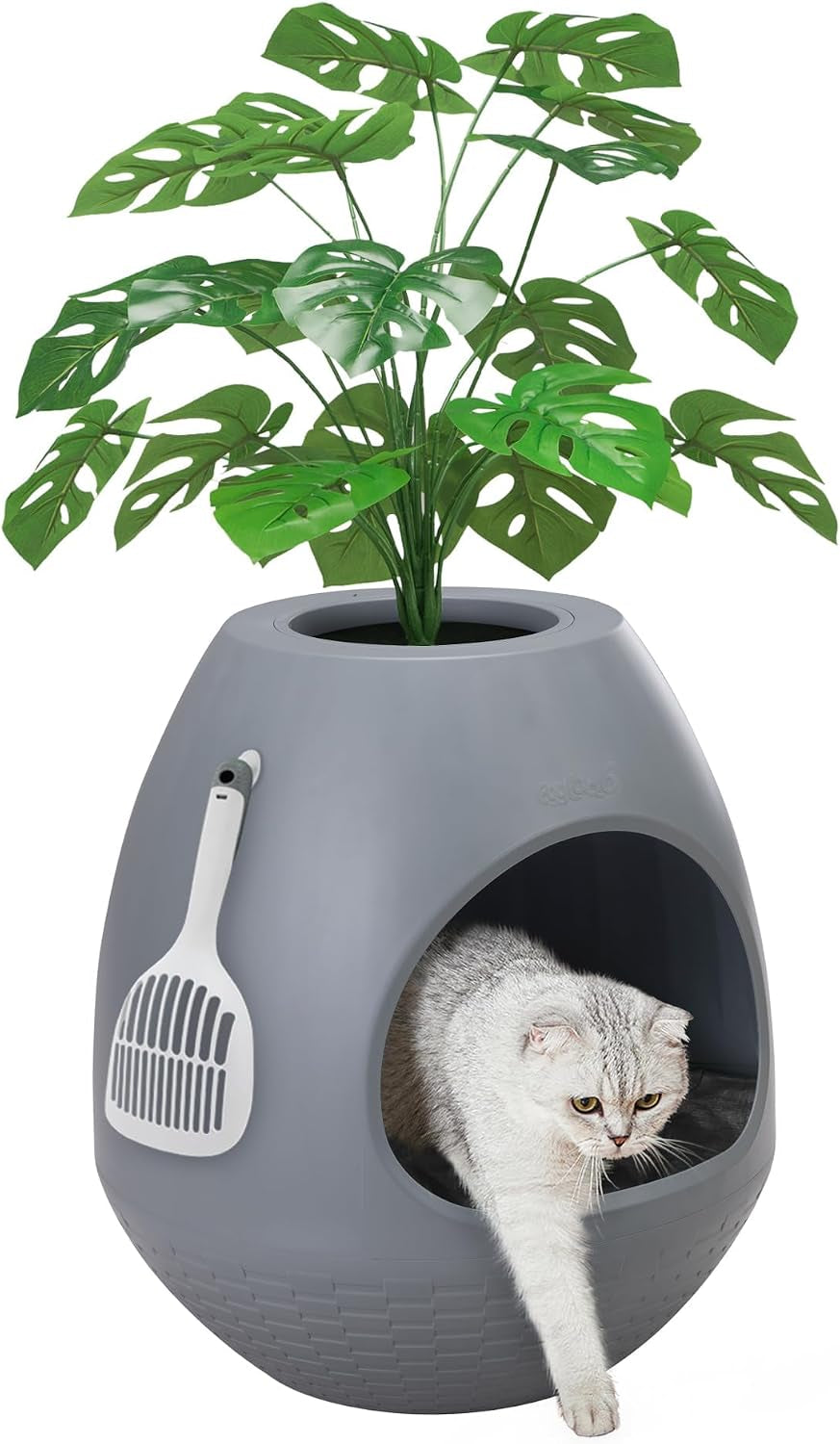 eggloa6-hidden-cat-litter-box-with-artificial-plants-odor-removal-system-egg-shaped-enclosure-includes-scoop-3pcs-liners-secret-discreet-furniture-diy-assembly-cat-litter-box-cabinet-brown