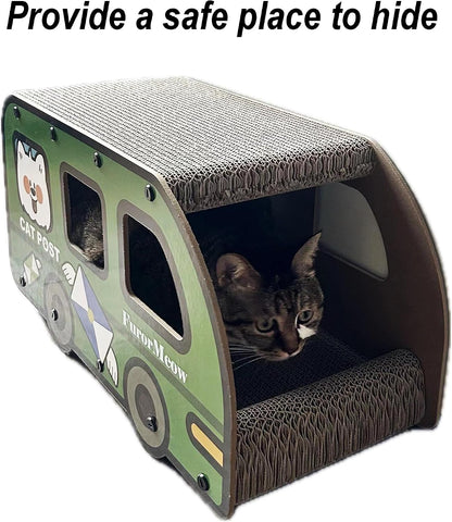 Cat Scratching House, Cat Cardboard House Green Bus, Long Scratching Post, 9X11.8X22 Inches, Fun Cube & Tunnel, Peekaboo Hideaway for Indoor Cats2