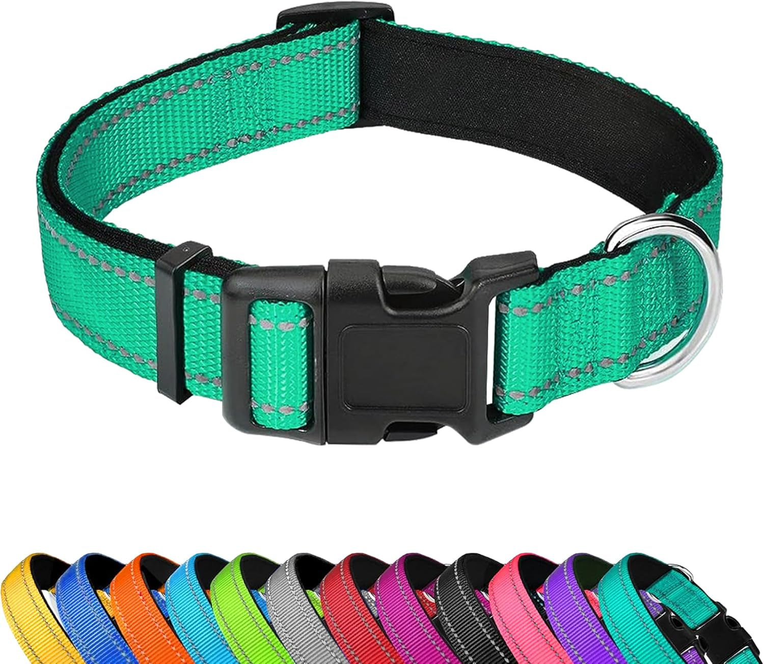 reflective-dog-collar-adjustable-soft-neoprene-padded-teal-m-breathable-nylon-for-medium-dogs-tear-resistant-webbing-chafe-free-on-walks-and-hikes-metal-d-ring-night-safety