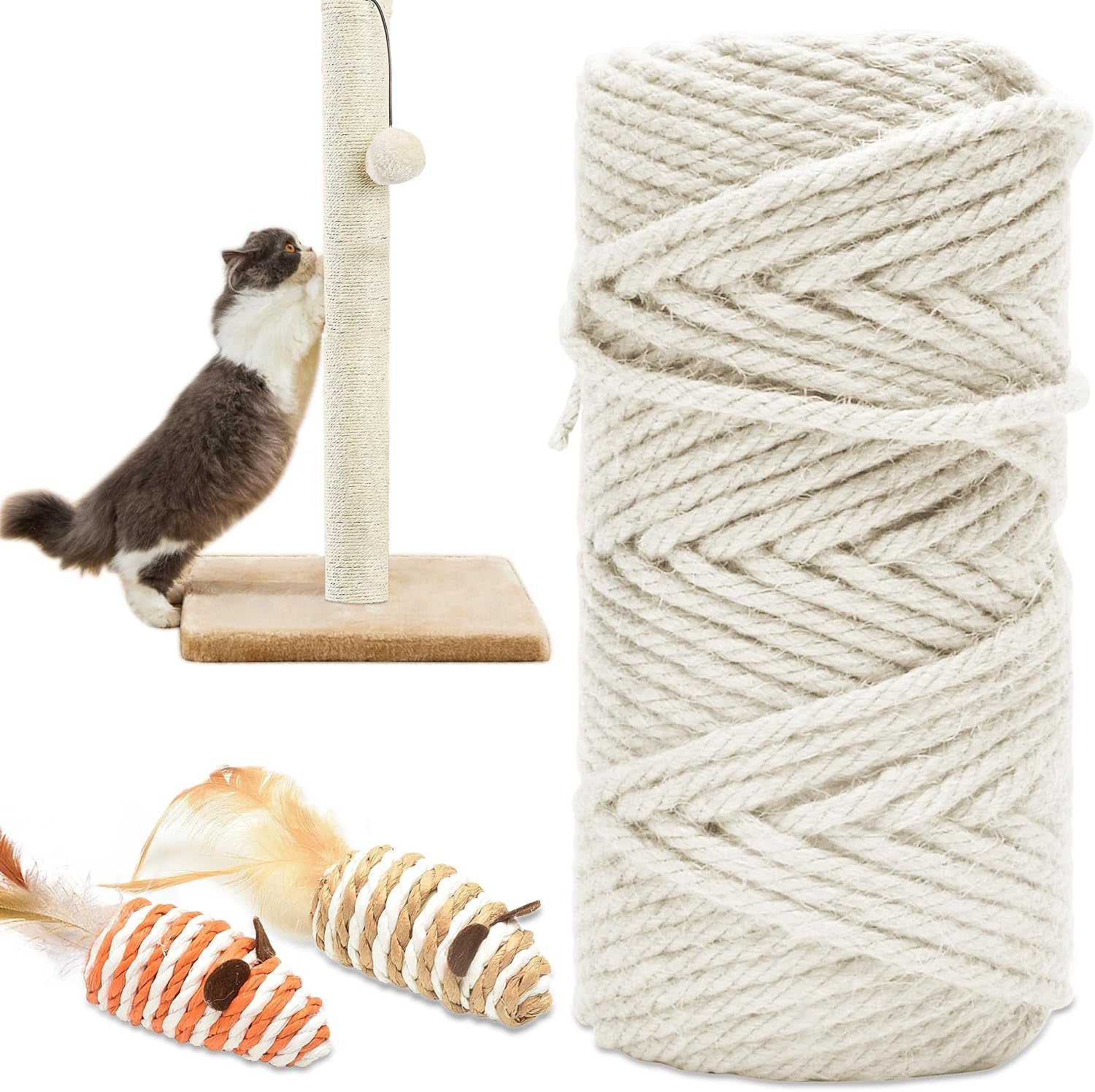 328ft-1-4-inch-cat-scratching-sisal-rope-for-cat-trees-posts-thick-white-jute-rope-with-2-cat-mouse-toys-for-scratch-posts-cat-towers-diy-projects