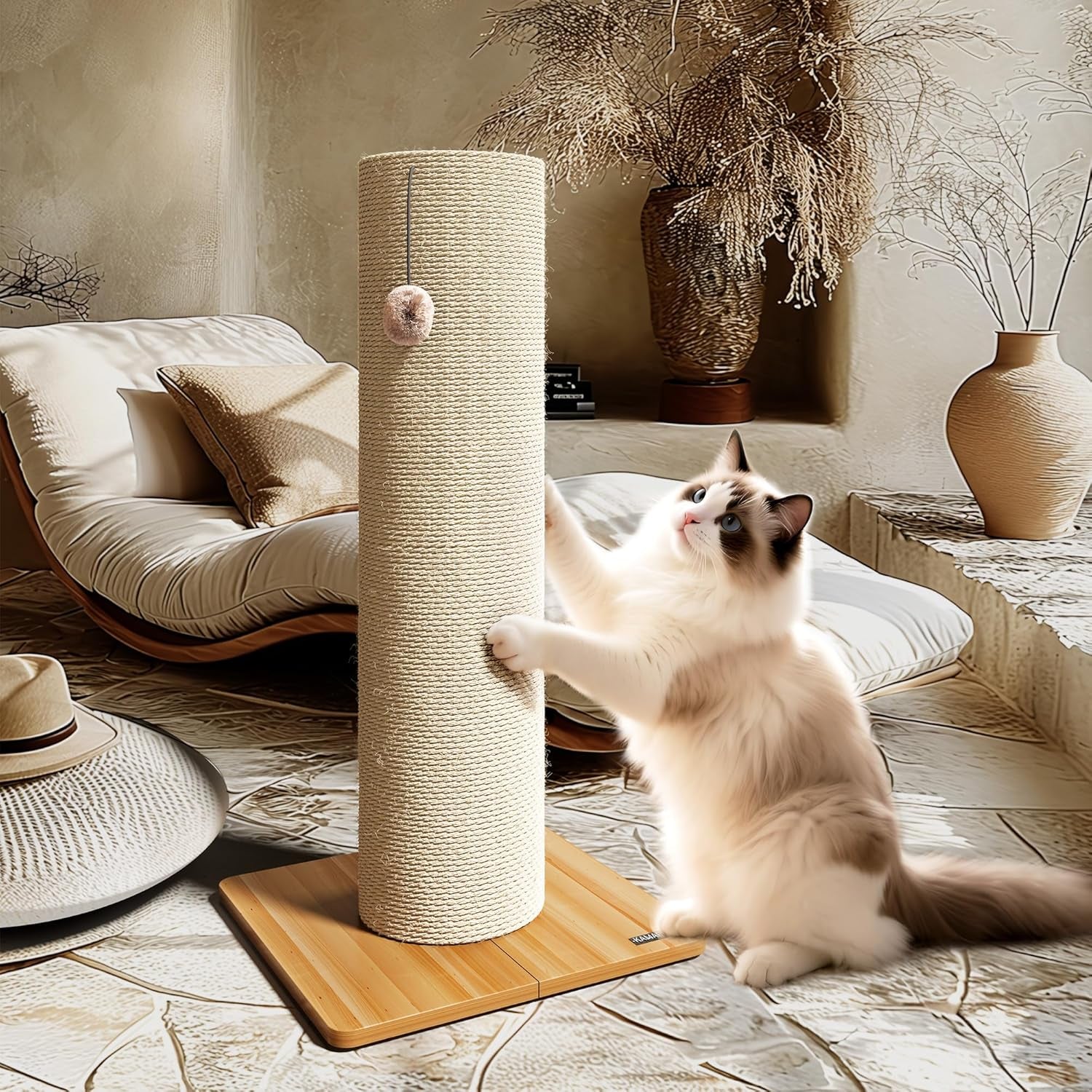 kamaboko-29-5-cat-scratching-post-7-5-ultra-large-diameter-natural-sisal-cat-scratch-post-scratch-resistant-tall-cat-scratcher-for-indoor-cats-protect-your-furniture-beige-pack-of-1