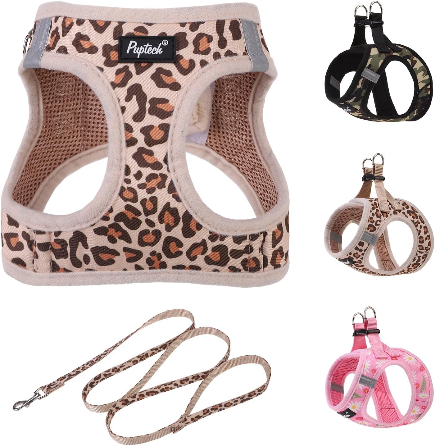 pupteck-dog-harness-and-leash-set-for-small-medium-dogs-no-pull-step-in-soft-mesh-puppy-cat-vest-harnesses-reflective-at-night-green-s