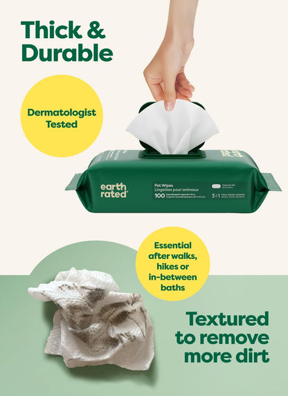 Earth Rated Dog Wipes for Paws & Butt, Deodorizing, Unscented, 100Ct | Hypoallergenic, 3-In-1 Cleaning and Hydrating, for Grooming Paws, Body and Butt3
